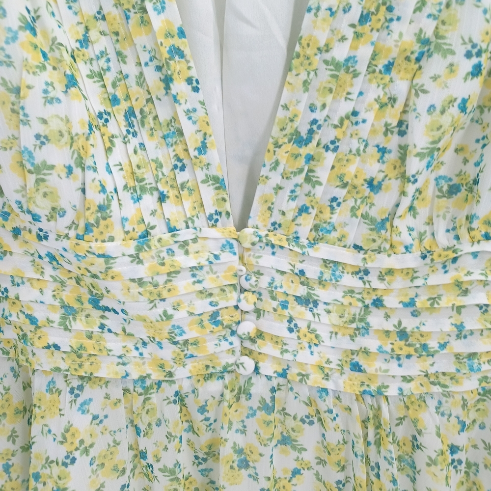 VICI Collection Floral Long Sleeve Chiffon Babydoll Mini Dress Green/Yellow - Picture 5 of 9